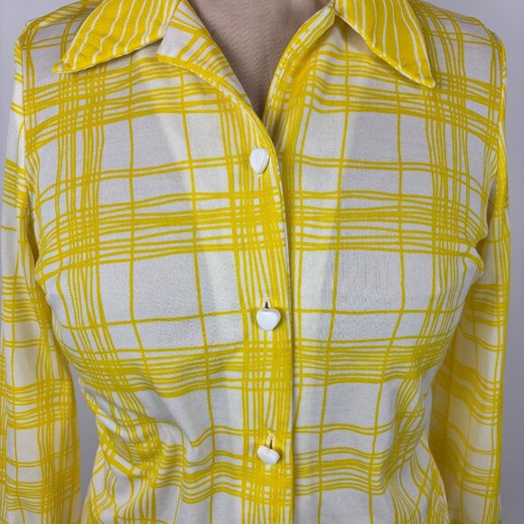 Vintage 60s Yellow Blouse Womens Size XL Heart Buttons Mr. Dino Plaid Long Slv - Picture 4 of 10